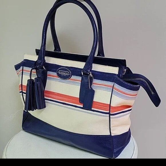 Coach Candace Legacy Red Navy and Cream Striped Women's Bag TOTE EUC - Picture 1 of 11